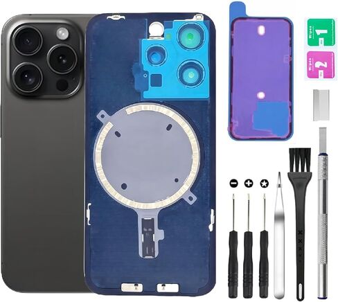 Rear Back Cover Glass Replacement for iPhone 15 Pro Back Glass + Camera Lens + Magnet + Iron Piece Holder with Repair Tool Kit (White) in Saudi Arabia
