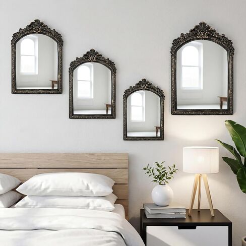 Thyle 4 Pcs Vintage Gold Antique Mirror Set Arch Retro Resin Baroque Decorative Makeup Mirror Square Hanging Wall Desk Tabletop Room Bedroom Bathroom Gallery (13x9 10x7 8x5 7x4)(Light Color) in Saudi Arabia