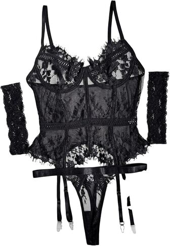 SOLY HUX Women's Lace Mesh Lingerie Push Up Corset and Panty Outfit Babydoll with Garter Belt in Kuwait