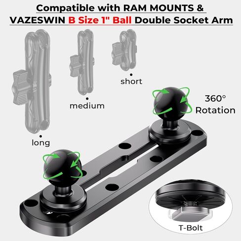7" Track Mount with 2 PCS 1" Ball T-Bolt Base for Kayak Boat, Compatible with RAM Mounts B Size 1" Ball Double Socket Arm, for Phone Holder, Action Camera Holder, Fish Finder Mount, 10 Screws in Saudi Arabia
