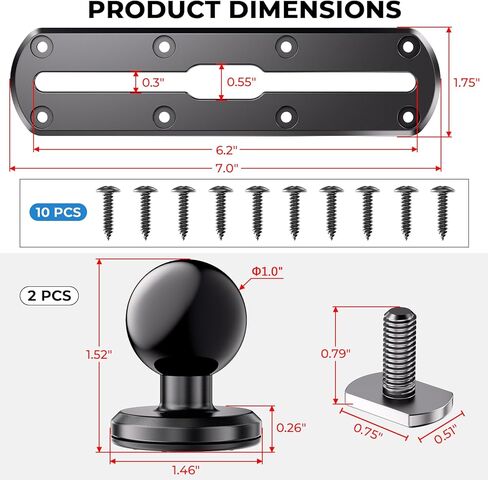 7" Track Mount with 2 PCS 1" Ball T-Bolt Base for Kayak Boat, Compatible with RAM Mounts B Size 1" Ball Double Socket Arm, for Phone Holder, Action Camera Holder, Fish Finder Mount, 10 Screws in Saudi Arabia