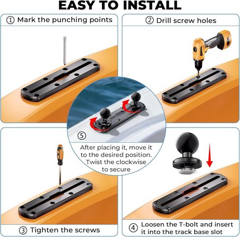 7" Track Mount with 2 PCS 1" Ball T-Bolt Base for Kayak Boat, Compatible with RAM Mounts B Size 1" Ball Double Socket Arm, for Phone Holder, Action Camera Holder, Fish Finder Mount, 10 Screws in Saudi Arabia