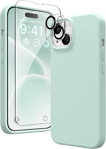 حافظة GONEZ لهاتف iPhone 15، حافظة من السيليكون السائل مع [واقي شاشة واحد + 1 واقي عدسة الكاميرا]، غطاء هاتف واقٍ وبطانة ناعمة من الألياف الدقيقة مضادة للخدش مقاس 6.1 بوصة، أخضر نعناعي in Saudi Arabia