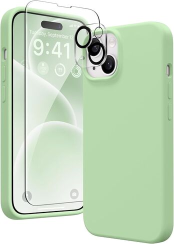 حافظة GONEZ لهاتف iPhone 15، حافظة من السيليكون السائل مع [واقي شاشة واحد + 1 واقي عدسة الكاميرا]، غطاء هاتف واقٍ وبطانة ناعمة من الألياف الدقيقة مضادة للخدش مقاس 6.1 بوصة، أخضر نعناعي in Saudi Arabia