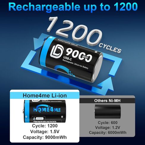 Rechargeable D Batteries 8 Pack, 9000mWh Lithium D Cell Battery in Kuwait