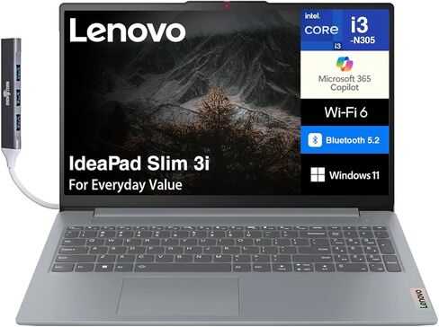 كمبيوتر محمول Lenovo IdeaPad Slim 3i بشاشة 15.6 بوصة عالية الدقة مضادة للتوهج (Intel i3-N305، 8GB LPDDR5، 128GB SSD، Intel UHD، كاميرا ويب HD 720p، WiFi 6 + BT 5.2، Win 11 Pro) مع موسع منفذ USB DKZ in Kuwait