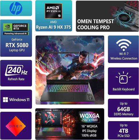 HP OMEN MAX 16 Gaming Laptop | 16" WQXGA IPS 240Hz (500 nits, 100% sRGB) | AMD Ryzen AI 9 HX 375 | 32GB DDR5 2TB SSD | GeForce RTX 5080 (1334 AI Tops) | RGB Backlit Wi-Fi 7 Win11 Pro w/DLCA Accessory in Saudi Arabia