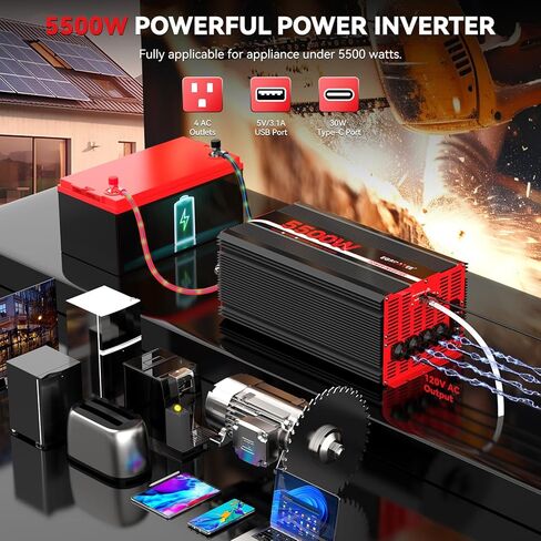 6000W Power Inverter 12V DC to 120V AC, 11000W Peak Off-Grid Solar Converter for 12V Battery Bank, RV, Truck & Home Backup Power System, 4 AC Outlets, USB & Type-C Port, LCD Remote Controller in Kuwait