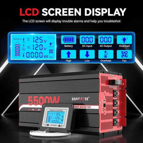 6000W Power Inverter 12V DC to 120V AC, 11000W Peak Off-Grid Solar Converter for 12V Battery Bank, RV, Truck & Home Backup Power System, 4 AC Outlets, USB & Type-C Port, LCD Remote Controller in Kuwait