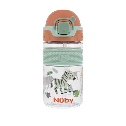 كوب Nuby Thirsty Kids Flip-It Bolt للأطفال الصغار مع قفل بزر ضغط وفوهة من السيليكون - 12 أونصة - سهل الإمساك ومقاوم للانسكاب - 18+ شهرًا - Safari in Saudi Arabia
