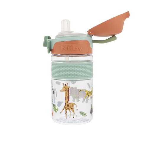 كوب Nuby Thirsty Kids Flip-It Bolt للأطفال الصغار مع قفل بزر ضغط وفوهة من السيليكون - 12 أونصة - سهل الإمساك ومقاوم للانسكاب - 18+ شهرًا - Safari in Saudi Arabia