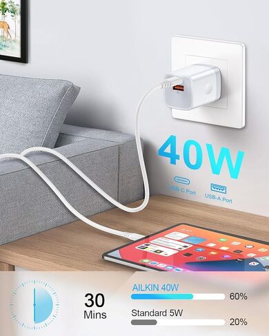 كتلة شاحن USB C بقدرة 40 وات لـ Google، شاحن حائط ثنائي المنفذ PD للشحن السريع من النوع C مع USB C وUSB A، محول طاقة لـ Google Pixel 10/10 Pro/9/9a/8/7/6، Pixel Fold، iPhone 17/16/15، Samsung Galaxy in Kuwait