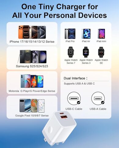 كتلة شاحن USB C بقدرة 40 وات لـ Google، شاحن حائط ثنائي المنفذ PD للشحن السريع من النوع C مع USB C وUSB A، محول طاقة لـ Google Pixel 10/10 Pro/9/9a/8/7/6، Pixel Fold، iPhone 17/16/15، Samsung Galaxy in Kuwait