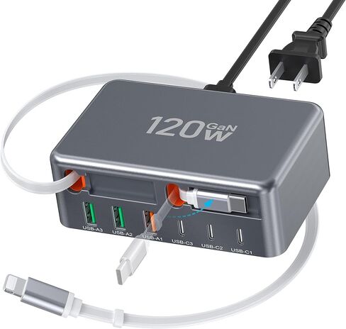 محطة شحن سريعة USB-C محدثة لعام 2026، محول شاحن قابل للسحب بـ 8 منافذ GaN بقدرة 120 وات، يتضمن كابل مزدوج 2.3 قدم Lightning+Type-C، مكعب توصيل كتلة شاحن الحائط لهاتف iPhone 17/16/15، iPad، Pixel، Galaxy in Saudi Arabia
