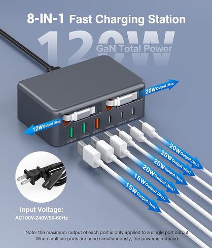 محطة شحن سريعة USB-C محدثة لعام 2026، محول شاحن قابل للسحب بـ 8 منافذ GaN بقدرة 120 وات، يتضمن كابل مزدوج 2.3 قدم Lightning+Type-C، مكعب توصيل كتلة شاحن الحائط لهاتف iPhone 17/16/15، iPad، Pixel، Galaxy in Saudi Arabia