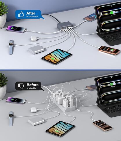 محطة شحن سريعة USB-C محدثة لعام 2026، محول شاحن قابل للسحب بـ 8 منافذ GaN بقدرة 120 وات، يتضمن كابل مزدوج 2.3 قدم Lightning+Type-C، مكعب توصيل كتلة شاحن الحائط لهاتف iPhone 17/16/15، iPad، Pixel، Galaxy in Saudi Arabia