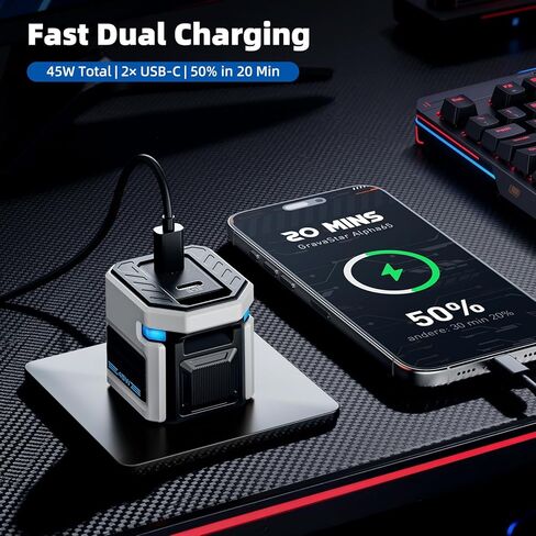 شاحن سريع بقدرة 45 وات GaN مزدوج USB-C - نمط Mecha Robot مع ضوء تنفس حساس للمس، قابس قابل للطي لهاتف iPhone 17/16 وiPad Pro وGalaxy S24 وPixel 9 وهدية تقنية لشاحن السفر فائق الصغر in Kuwait