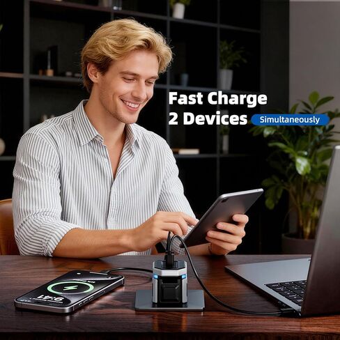 شاحن سريع بقدرة 45 وات GaN مزدوج USB-C - نمط Mecha Robot مع ضوء تنفس حساس للمس، قابس قابل للطي لهاتف iPhone 17/16 وiPad Pro وGalaxy S24 وPixel 9 وهدية تقنية لشاحن السفر فائق الصغر in Kuwait