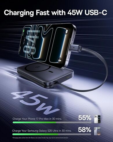 Baseus Picogo Qi2.2 25W Magsafe شاحن متنقل باور بانك 10000 مللي أمبير 45 وات، مع كابل مدمج USB-C شحن سريع لهاتف iPhone 17/16/15/14/13 Pro Max/Galaxy S25 / Pixel 10 Pro أسود in Kuwait