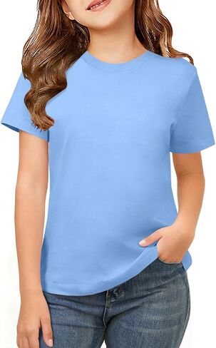 ZDC Girls Short Sleeve Shirts Crewneck T Shirts Kids Summer Tops Basic Tees 5-14 Years in Saudi Arabia