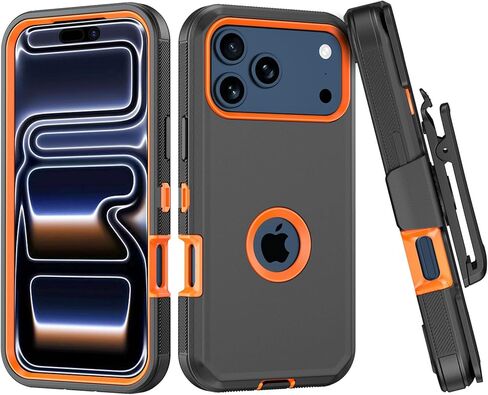Compatible with iPhone 17 pro Case, with Belt Clip Holster Heavy Duty Rugged Shockproof Full Body Protection Kickstand Cover for iPhone 17 pro Phone（Black+Orange） in Saudi Arabia