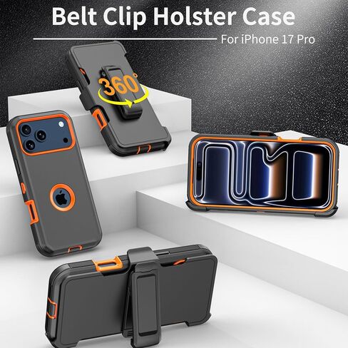 Compatible with iPhone 17 pro Case, with Belt Clip Holster Heavy Duty Rugged Shockproof Full Body Protection Kickstand Cover for iPhone 17 pro Phone（Black+Orange） in Saudi Arabia