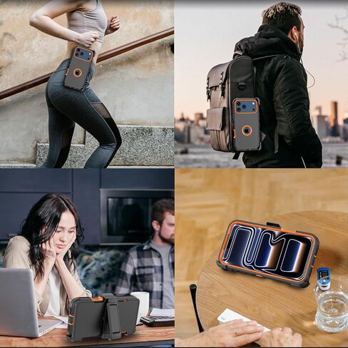Compatible with iPhone 17 pro Case, with Belt Clip Holster Heavy Duty Rugged Shockproof Full Body Protection Kickstand Cover for iPhone 17 pro Phone（Black+Orange） in Saudi Arabia