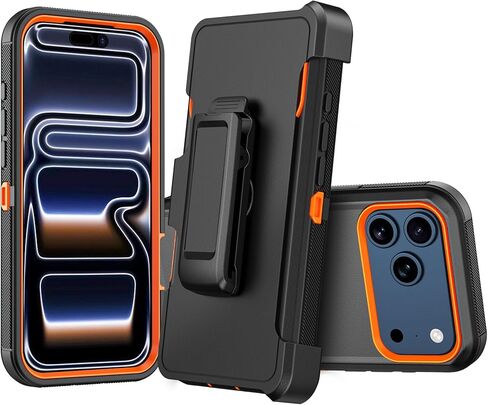 Compatible with iPhone 17 pro Case, with Belt Clip Holster Heavy Duty Rugged Shockproof Full Body Protection Kickstand Cover for iPhone 17 pro Phone（Black+Orange） in Saudi Arabia