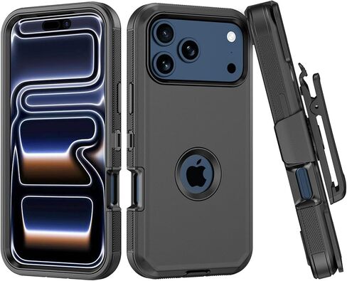Compatible with iPhone 17 pro Case, with Belt Clip Holster Heavy Duty Rugged Shockproof Full Body Protection Kickstand Cover for iPhone 17 pro Phone（Black+Orange） in Saudi Arabia