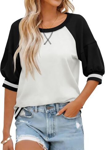 Fisoew Womens Crewneck Sweatshirt Ribbed Raglan Half Sleeve Pullover Tops Color Block Loose Fit Sweatshirts in Saudi Arabia