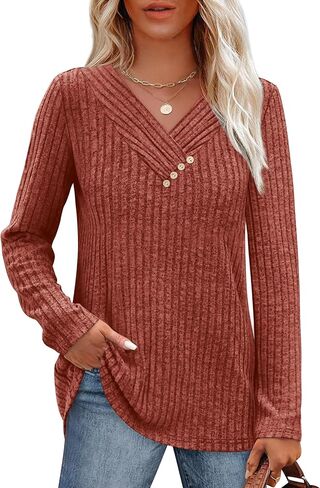 Sweaters for Women Long Sleeve Shirts V Neck Tops with Buttons Fall Fashion Outfits Winter Clothing 2025 in Saudi Arabia