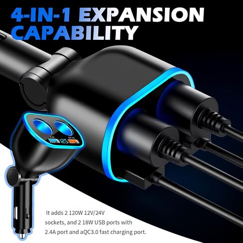 4 in 1 Car Cigarette Lighter Splitter,Dual Cigarette Lighter Adapters for Cars with USB Port 2.4A & QC3.0 Super Fast & LED Voltmeter,12/24V Car Charger Adapter for Phone Dash Cam in Saudi Arabia