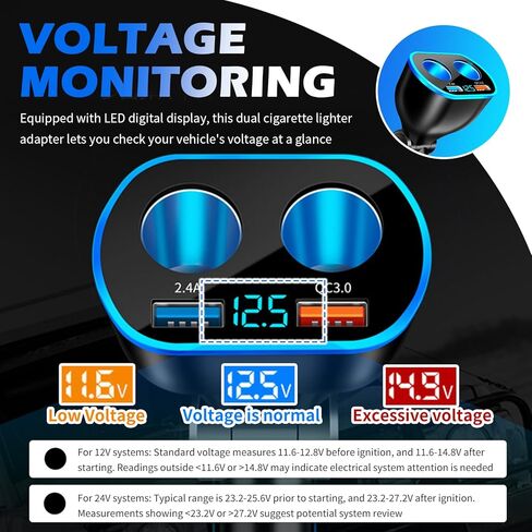 4 in 1 Car Cigarette Lighter Splitter,Dual Cigarette Lighter Adapters for Cars with USB Port 2.4A & QC3.0 Super Fast & LED Voltmeter,12/24V Car Charger Adapter for Phone Dash Cam in Saudi Arabia