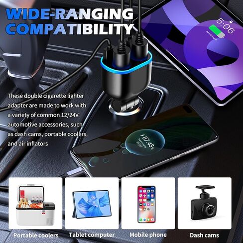 4 in 1 Car Cigarette Lighter Splitter,Dual Cigarette Lighter Adapters for Cars with USB Port 2.4A & QC3.0 Super Fast & LED Voltmeter,12/24V Car Charger Adapter for Phone Dash Cam in Saudi Arabia