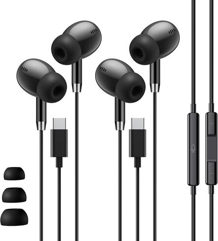 Wired Earbuds USB C Headphones for iPhone 17 16 15, USBC Headphones 2 Pack [Clear Microphone] Noise Cancelling HiFi Bass Ear Buds Pods for Galaxy S25/24/Z FLIP 7 FOLD 7, Android/School/Travel [Black] in Saudi Arabia