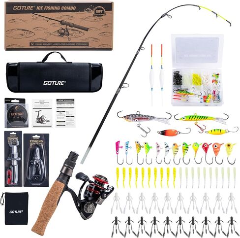 Goture Ice Fishing Rod and Reel Combo with Carry Bag, 24''Medium Spinning Ice Fishing Pole, 58Pcs Jigs & Lures with Storage Box, Line,Fish Gripper, Pliers and Tools for Trout Bass Walleye in Saudi Arabia