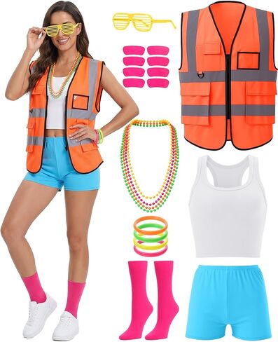 14 Pcs Neon Football Game Outfit Construction Workers Reflective Safety Vest Halloween Costume for Women Sport Outfit in Saudi Arabia