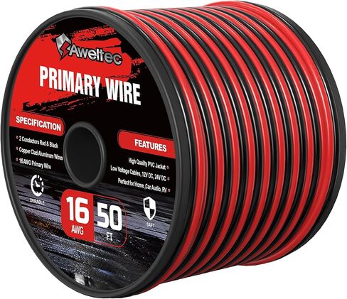 سلك قياس 12، سلك كهربائي للسيارات 12AWG 50FT، كابل أساسي بموصلين أحمر وأسود، سلك ألومنيوم مطلي بالنحاس لشرائط إضاءة LED، صوت السيارة، مكبرات الصوت، 12 فولت/24 فولت تيار مستمر in Kuwait