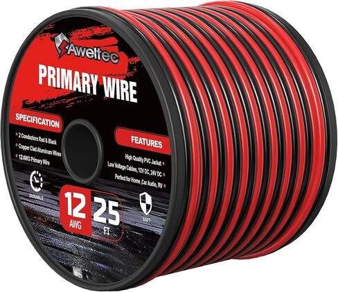 سلك قياس 12، سلك كهربائي للسيارات 12AWG 50FT، كابل أساسي بموصلين أحمر وأسود، سلك ألومنيوم مطلي بالنحاس لشرائط إضاءة LED، صوت السيارة، مكبرات الصوت، 12 فولت/24 فولت تيار مستمر in Kuwait