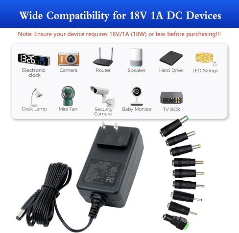 18V 1A AC DC مزود الطاقة، سلك طاقة 6 قدم ETL معتمد 18 فولت 1 أمبير شاحن DC 18V 1A سلك طاقة مع 9 مقابس قابلة للتبديل لـ 100mA 200mA 300mA 400mA 500mA 600mA 800mA 900mA 1000mA إلكترونيات in Kuwait