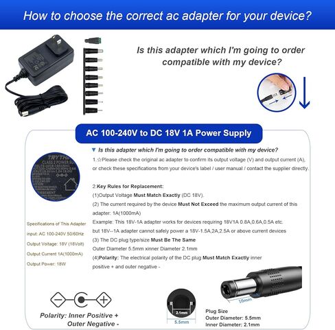 18V 1A AC DC مزود الطاقة، سلك طاقة 6 قدم ETL معتمد 18 فولت 1 أمبير شاحن DC 18V 1A سلك طاقة مع 9 مقابس قابلة للتبديل لـ 100mA 200mA 300mA 400mA 500mA 600mA 800mA 900mA 1000mA إلكترونيات in Kuwait
