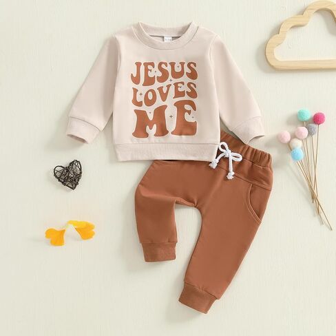 ملابس خريفية للأطفال الأولاد من Jesus Loves Me، سويت شيرت بأكمام طويلة، مجموعة سراويل شتوية لطيفة in Kuwait
