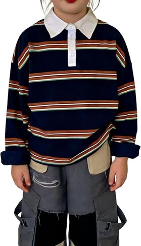 GORGLITTER Girl's Y2k Striped Rugby Shirt Oversized Long Sleeve Collared Polo Shirt Vintage Preppy Jersey Streetwear in Saudi Arabia