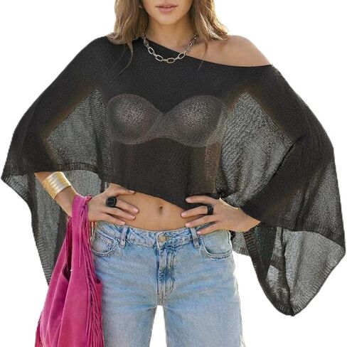 MAKABO Women's Crochet Sheer Poncho Top Lightweight Sparkly Shrug Pullover Knit Bolero Sweater Cover Up Beachwear in Saudi Arabia