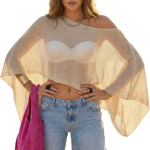 MAKABO Women's Crochet Sheer Poncho Top Lightweight Sparkly Shrug Pullover Knit Bolero Sweater Cover Up Beachwear in Saudi Arabia