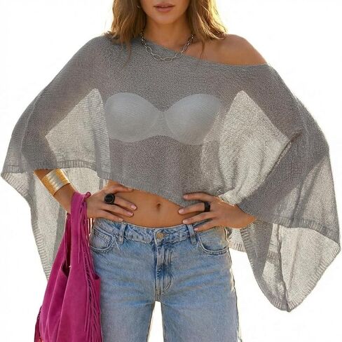 MAKABO Women's Crochet Sheer Poncho Top Lightweight Sparkly Shrug Pullover Knit Bolero Sweater Cover Up Beachwear in Saudi Arabia