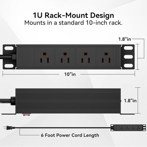 حامل PDU-1U مقاس 10 بوصات (4 منافذ خلفية)، شريط طاقة بحامل مقاس 10 بوصات مع حماية (كابل 125 فولت/15 أمبير بطول 6 أقدام)، وحدة توزيع طاقة مثبتة على حامل لملحقات حامل الخادم الصغير مقاس 10 بوصات، وخزائن الشبكة/الرف/الذات in Kuwait