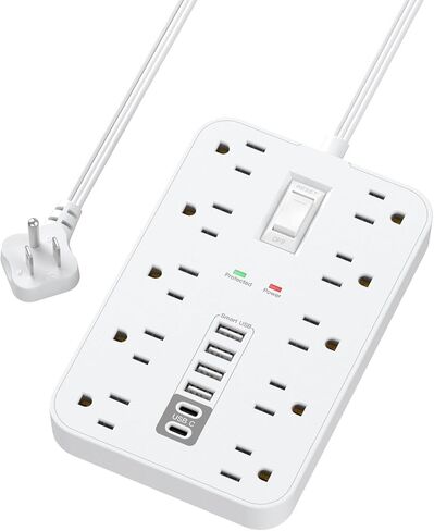 سلك تمديد مسطح مع منافذ USB وUSBC، سلك تمديد بطول 5 أقدام مع 10 منافذ تيار متردد 6 USB، مفتاح واحد ومؤشرين LED، محطة شحن USB لأجهزة متعددة، للمنزل والمكتب وأساسيات النوم in Kuwait