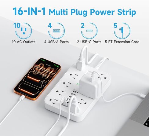 سلك تمديد مسطح مع منافذ USB وUSBC، سلك تمديد بطول 5 أقدام مع 10 منافذ تيار متردد 6 USB، مفتاح واحد ومؤشرين LED، محطة شحن USB لأجهزة متعددة، للمنزل والمكتب وأساسيات النوم in Kuwait