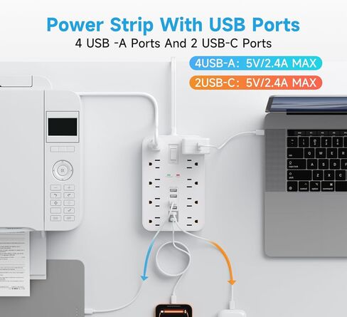 سلك تمديد مسطح مع منافذ USB وUSBC، سلك تمديد بطول 5 أقدام مع 10 منافذ تيار متردد 6 USB، مفتاح واحد ومؤشرين LED، محطة شحن USB لأجهزة متعددة، للمنزل والمكتب وأساسيات النوم in Kuwait